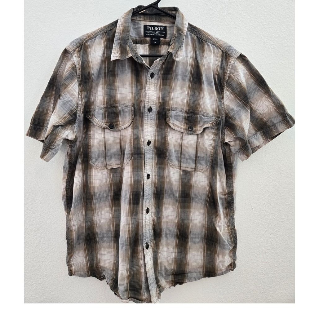 Filson Mens Short Sleeve Plaid Button Down Shirt Beige Brown Black Cotton M